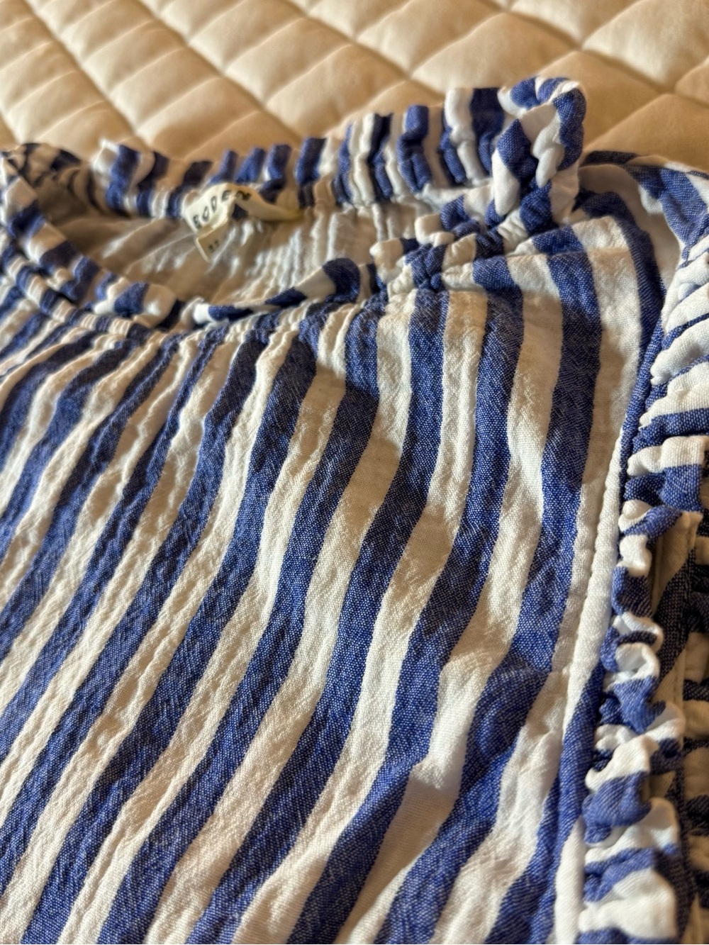 Boden Blue White Striped Ruffle Neck Cotton Blouse Top US 14 UK 18